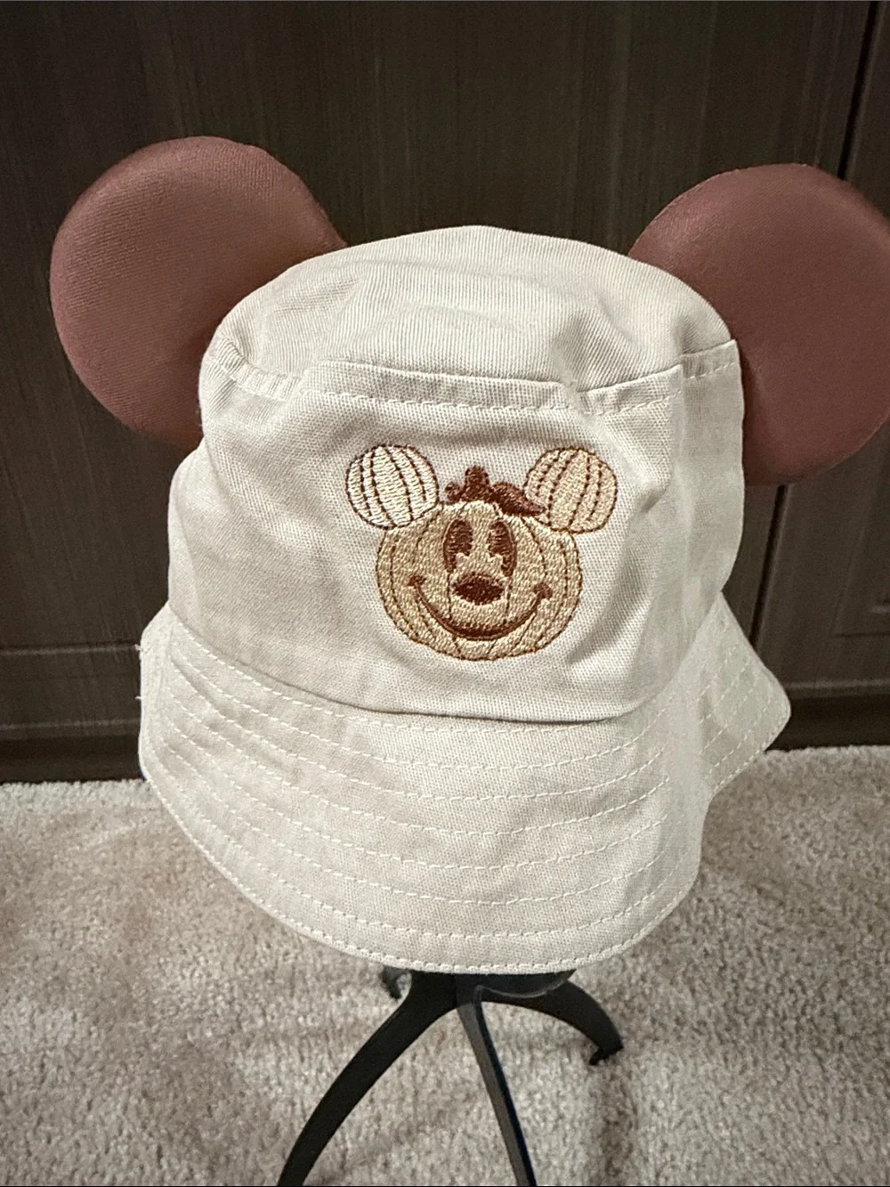 Infant Cream pumpkin Bucket Hat with Brown Embroidered Character and Ear Accents